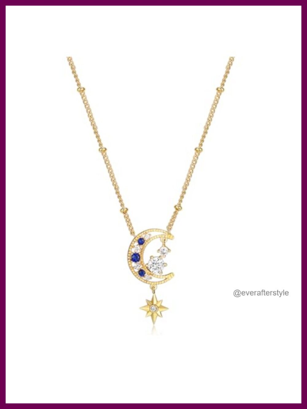 18K Gold Plated Celestial Moon Pendant Necklace with CZ & Blue Sapphire